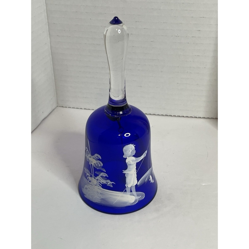 Vintage Mary Gregory Dinner Bell Cobalt Blue Boy Fishing Handpainted